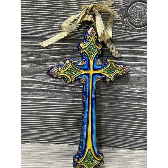 Metallic Cross Christmas Ornament 6” Blue Yellow Gold Ribbon Unique Hand Painted - Picture 5 of 12